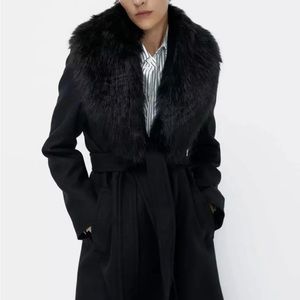 Zara Manteco Wool Removable Faux Fur Collar Belted Coat XS